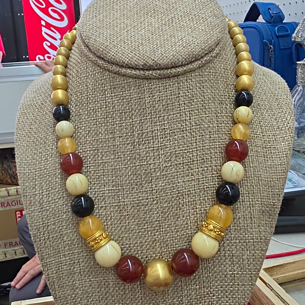 Vintage LCI Beaded Ball Chain Necklace Gold Cream Black Brown Round Beads Toggle